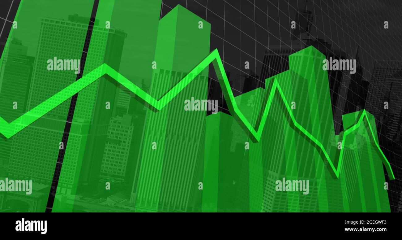Image of financial data processing with green lines over grid and ...