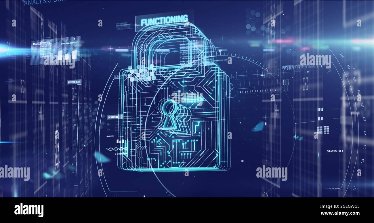 Digital image of glowing security padlock icon and data processing ...