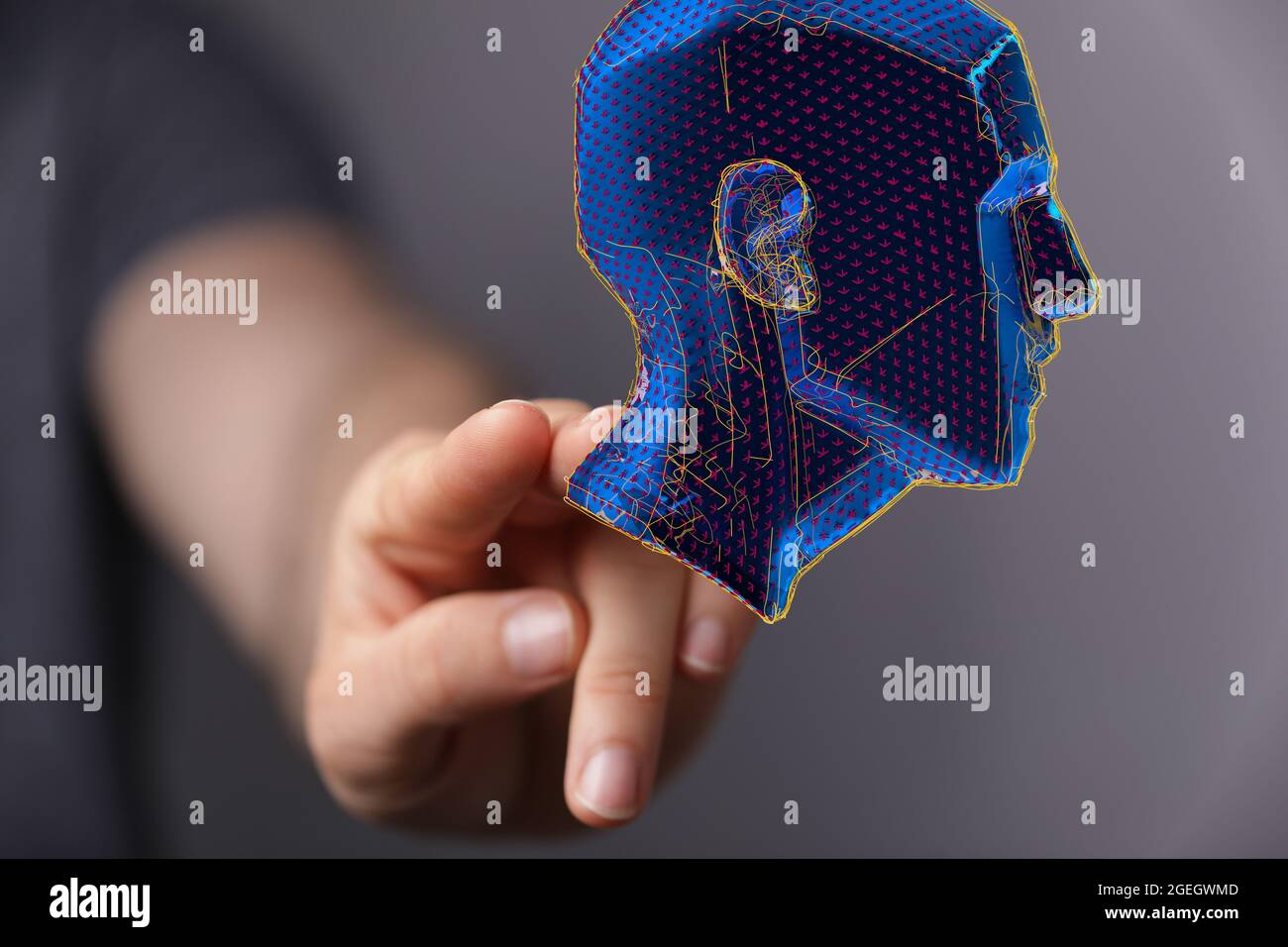 Male's hand pointing to a 3D rendering of an artificial human ...