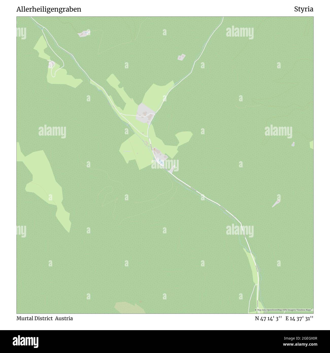 Allerheiligengraben, Murtal District, Austria, Styria, N 47 14' 3'', E 14 37' 31'', map, Timeless Map published in 2021. Travelers, explorers and adventurers like Florence Nightingale, David Livingstone, Ernest Shackleton, Lewis and Clark and Sherlock Holmes relied on maps to plan travels to the world's most remote corners, Timeless Maps is mapping most locations on the globe, showing the achievement of great dreams Stock Photo