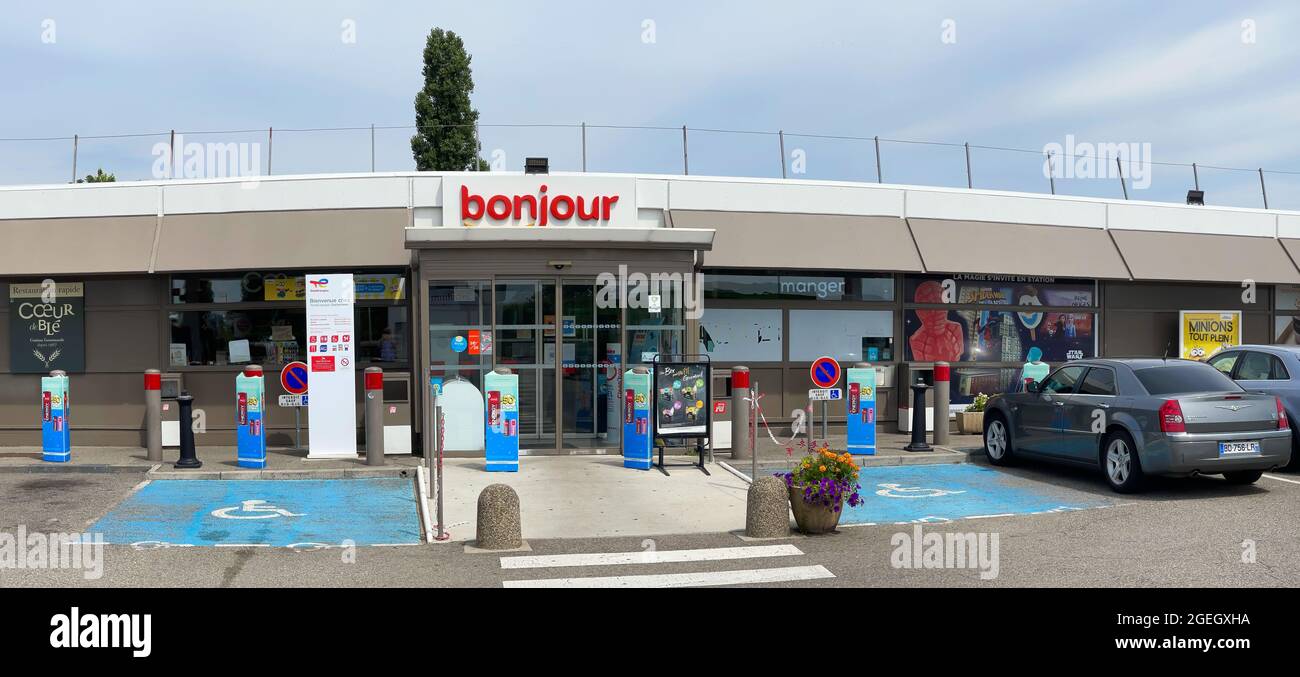 Ensisheim, France - July 28, 2021: Service station Aire de Battenheim with Bonjour shop Stock Photo