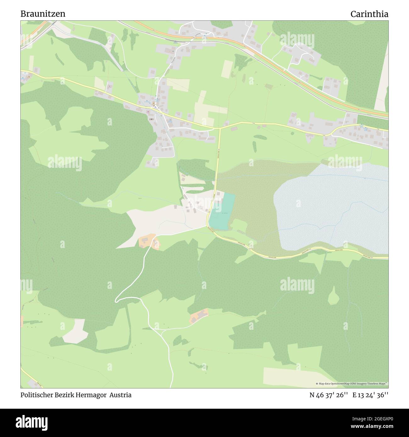 Braunitzen, Politischer Bezirk Hermagor, Austria, Carinthia, N 46 37' 26'', E 13 24' 36'', map, Timeless Map published in 2021. Travelers, explorers and adventurers like Florence Nightingale, David Livingstone, Ernest Shackleton, Lewis and Clark and Sherlock Holmes relied on maps to plan travels to the world's most remote corners, Timeless Maps is mapping most locations on the globe, showing the achievement of great dreams Stock Photo