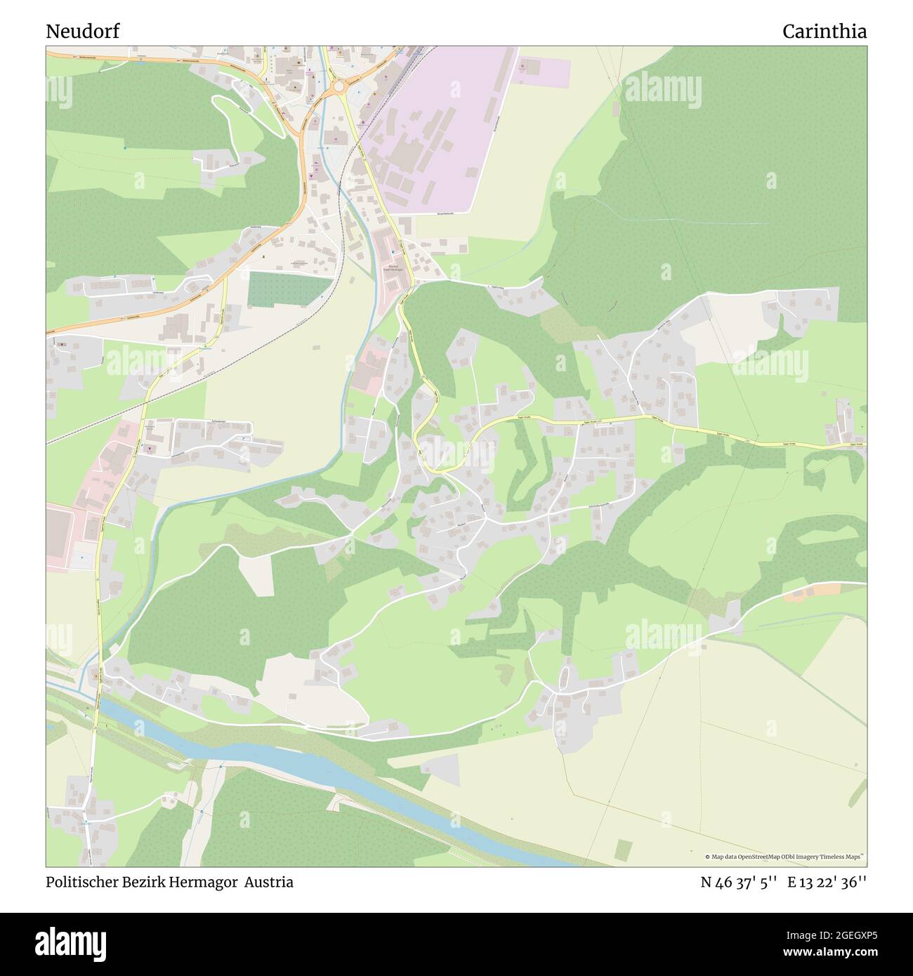 Neudorf, Politischer Bezirk Hermagor, Austria, Carinthia, N 46 37' 5'', E 13 22' 36'', map, Timeless Map published in 2021. Travelers, explorers and adventurers like Florence Nightingale, David Livingstone, Ernest Shackleton, Lewis and Clark and Sherlock Holmes relied on maps to plan travels to the world's most remote corners, Timeless Maps is mapping most locations on the globe, showing the achievement of great dreams Stock Photo