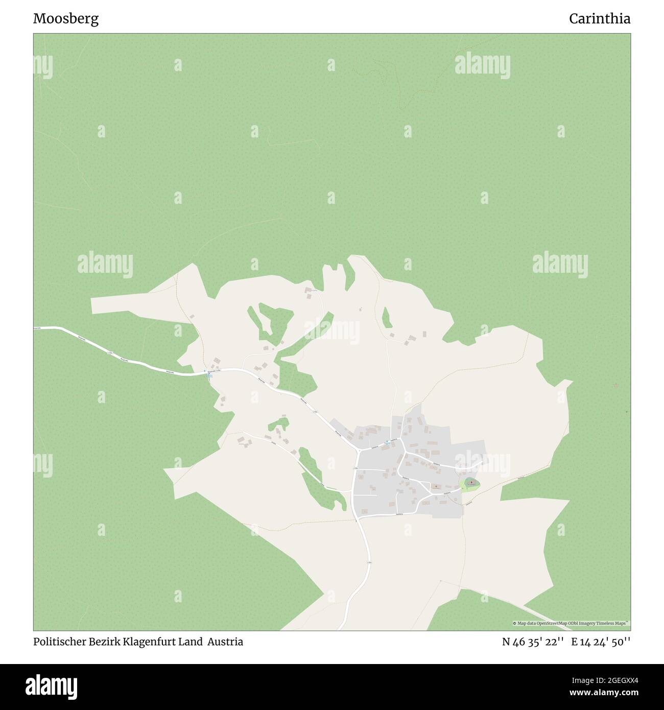 Moosberg, Politischer Bezirk Klagenfurt Land, Austria, Carinthia, N 46 35' 22'', E 14 24' 50'', map, Timeless Map published in 2021. Travelers, explorers and adventurers like Florence Nightingale, David Livingstone, Ernest Shackleton, Lewis and Clark and Sherlock Holmes relied on maps to plan travels to the world's most remote corners, Timeless Maps is mapping most locations on the globe, showing the achievement of great dreams Stock Photo