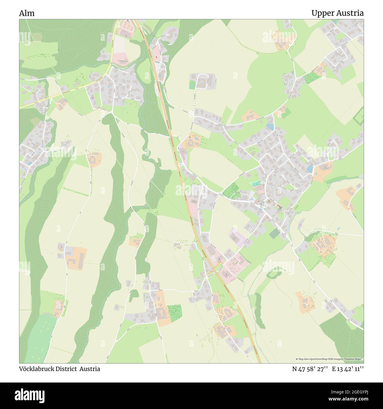 Alm, Vöcklabruck District, Austria, Upper Austria, N 47 58' 27'', E 13 42' 11'', map, Timeless Map published in 2021. Travelers, explorers and adventurers like Florence Nightingale, David Livingstone, Ernest Shackleton, Lewis and Clark and Sherlock Holmes relied on maps to plan travels to the world's most remote corners, Timeless Maps is mapping most locations on the globe, showing the achievement of great dreams Stock Photo