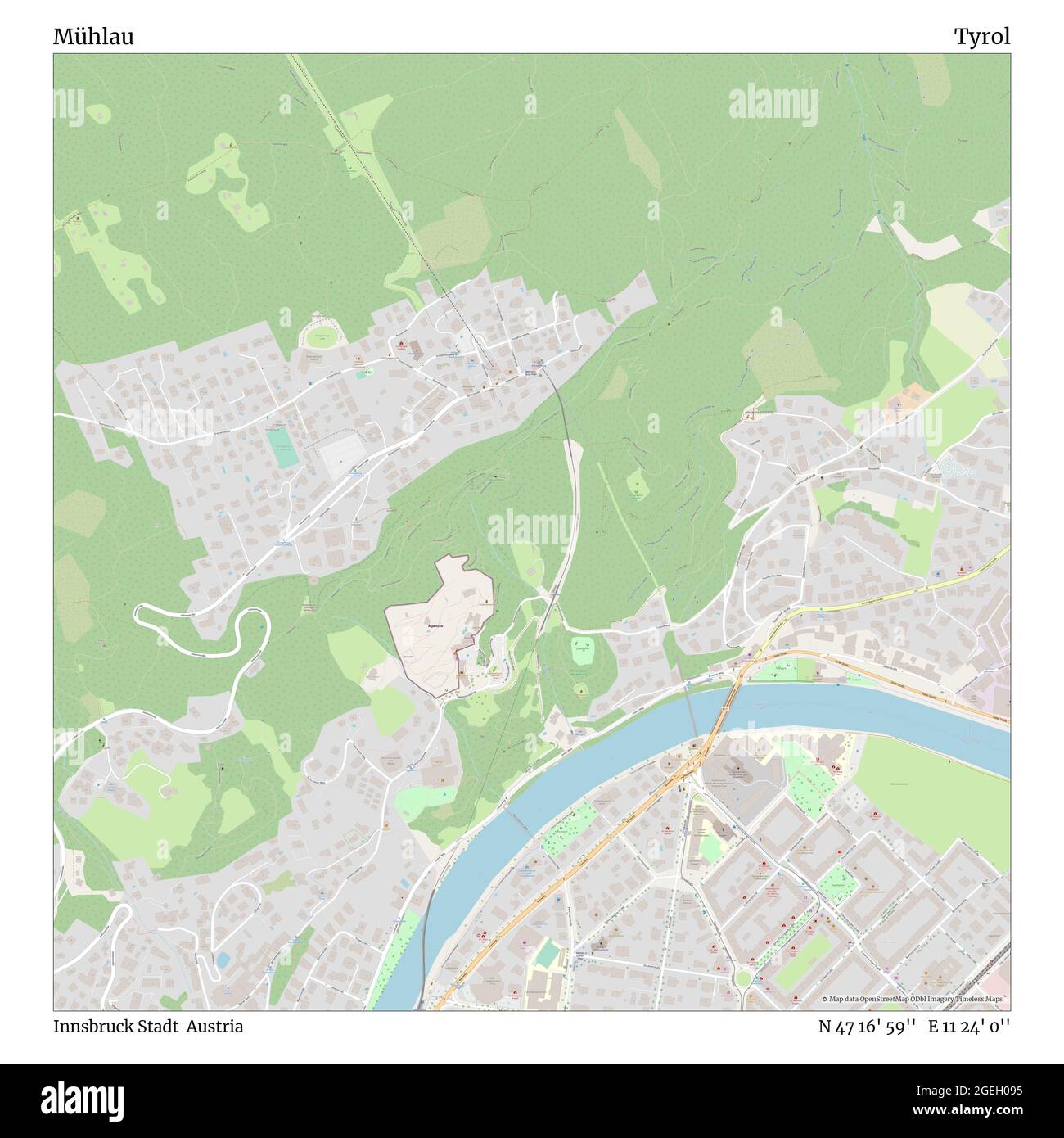 Mühlau, Innsbruck Stadt, Austria, Tyrol, N 47 16' 59'', E 11 24' 0'', map, Timeless Map published in 2021. Travelers, explorers and adventurers like Florence Nightingale, David Livingstone, Ernest Shackleton, Lewis and Clark and Sherlock Holmes relied on maps to plan travels to the world's most remote corners, Timeless Maps is mapping most locations on the globe, showing the achievement of great dreams Stock Photo