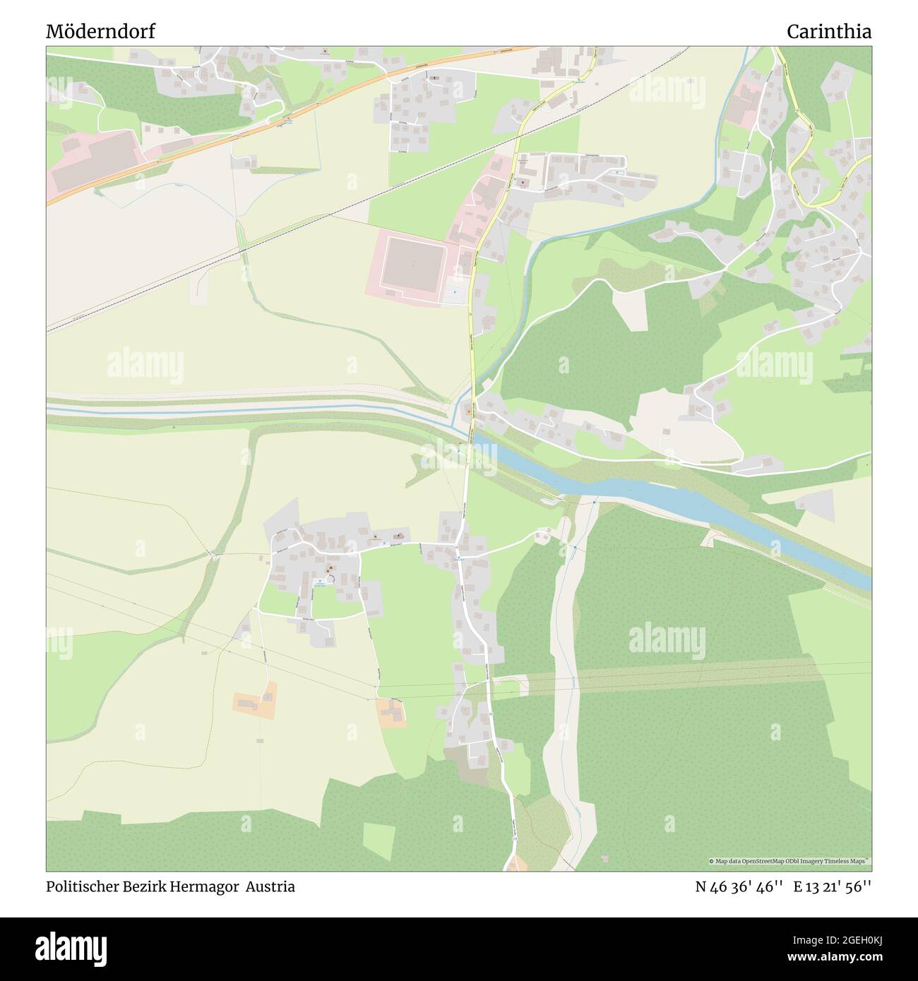 Möderndorf, Politischer Bezirk Hermagor, Austria, Carinthia, N 46 36' 46'', E 13 21' 56'', map, Timeless Map published in 2021. Travelers, explorers and adventurers like Florence Nightingale, David Livingstone, Ernest Shackleton, Lewis and Clark and Sherlock Holmes relied on maps to plan travels to the world's most remote corners, Timeless Maps is mapping most locations on the globe, showing the achievement of great dreams Stock Photo