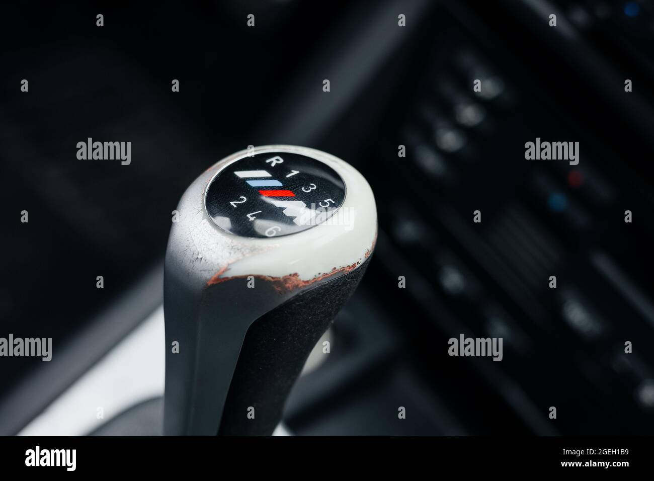 Kant, Kyrgyzstan - August 20 , 2021 : Car gearbox shift handle stick. Close-up view of the automatic gearbox lever Stock Photo