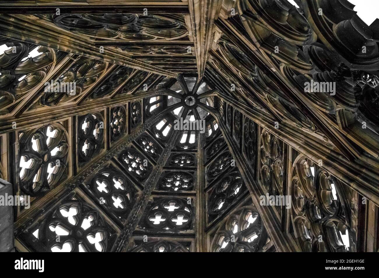 Close-up shot from inside the tracery spire of a tower of the