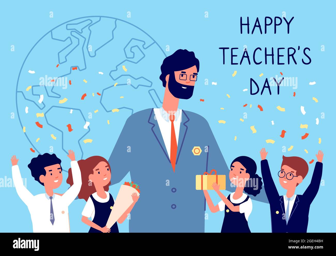 Teachers day. Flowers to teacher, students kids in uniform
