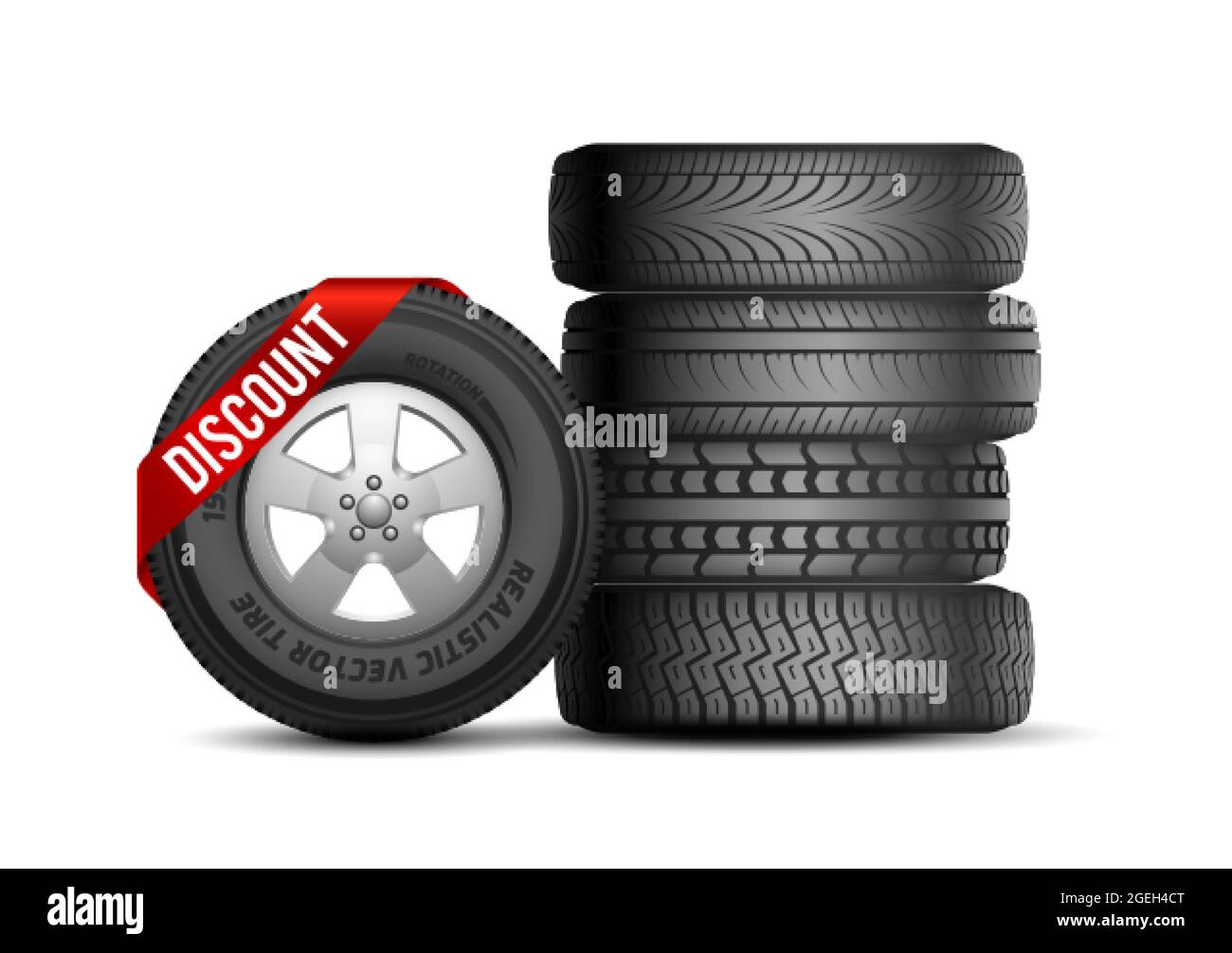 Tires discount. Isolated realistic rubber car wheels. Auto service and