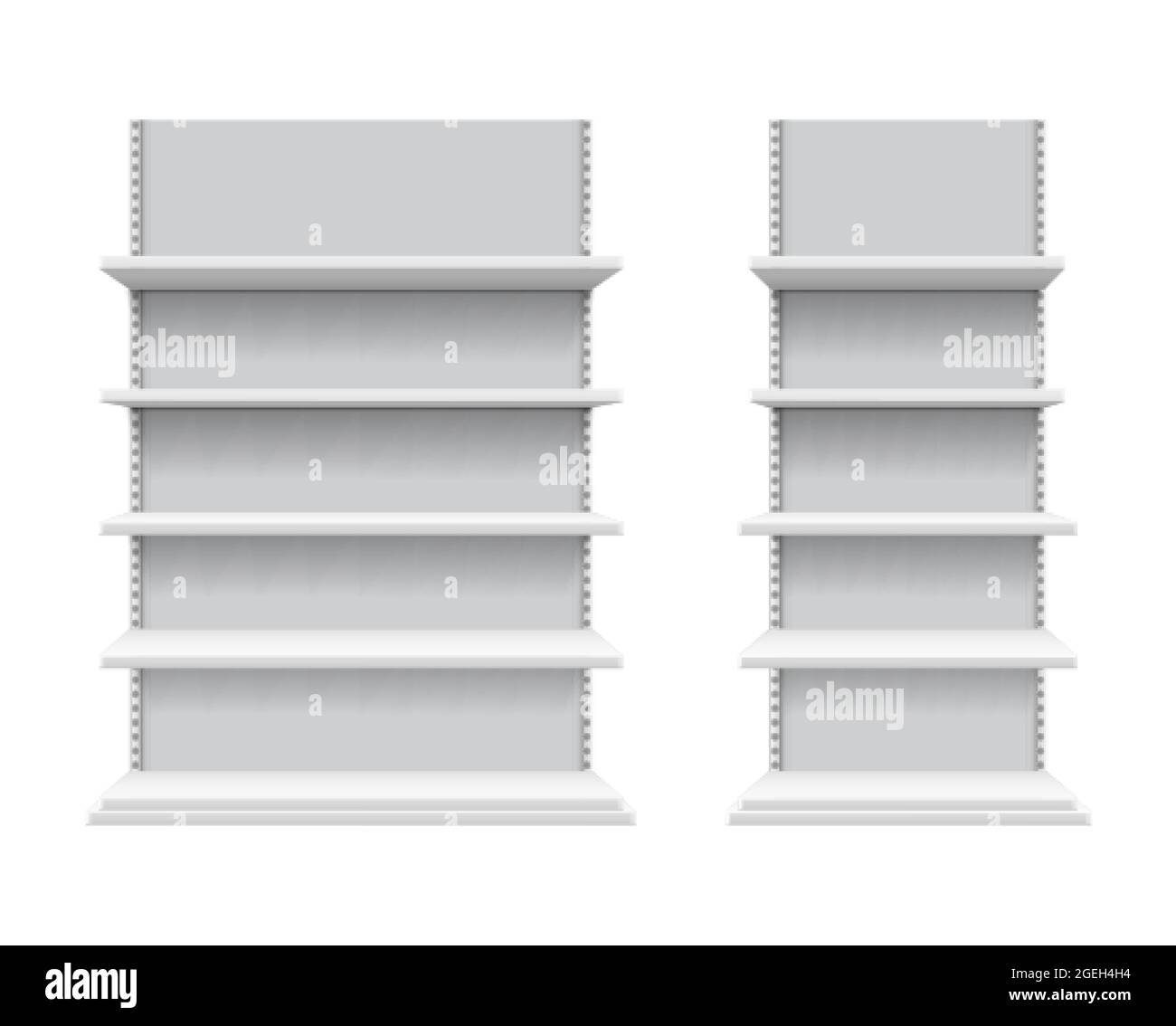 Realistic shelves mockup. Isolated store shelving, white commercial display. Supermarket or expo showcase vector illustration Stock Vector
