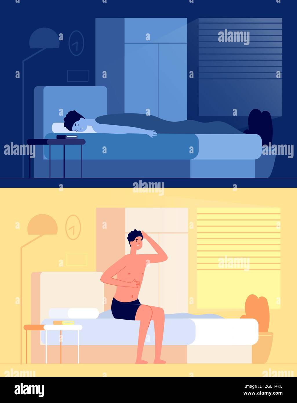 Wake up man. Sleep boy, resting guy after sleeping in morning fresh room. Flat bedroom, early waking and yawning person vector illustration Stock Vector
