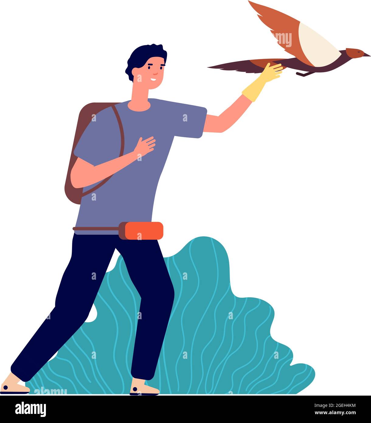 Fly Bird Owner Guy and falcon. Male bird owner, wild pet. Man releases eagle in flight ...