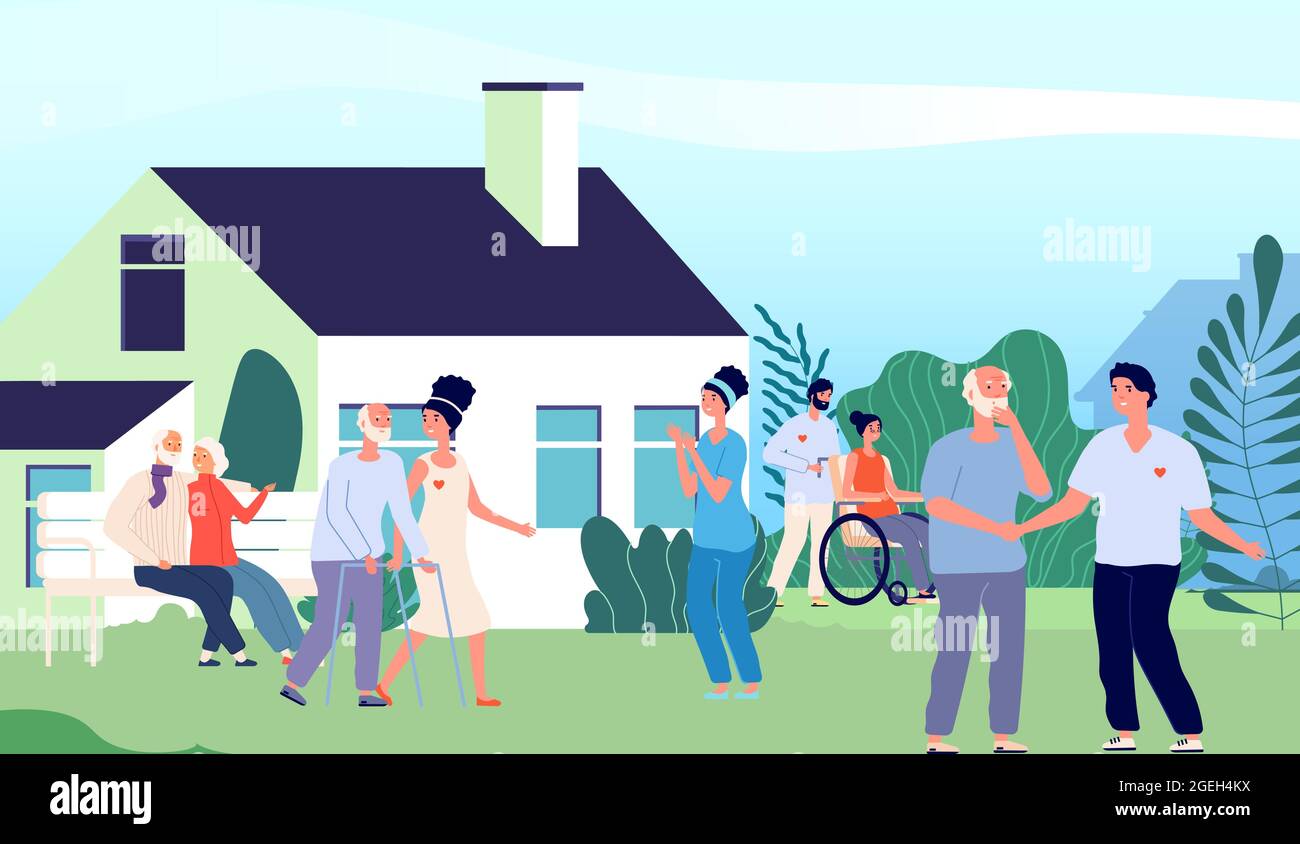 Nursing home. Elderly people walking backyard with volunteers and nurse. Pension house in suburb landscape. Happy old woman man outdoor in sunny day Stock Vector