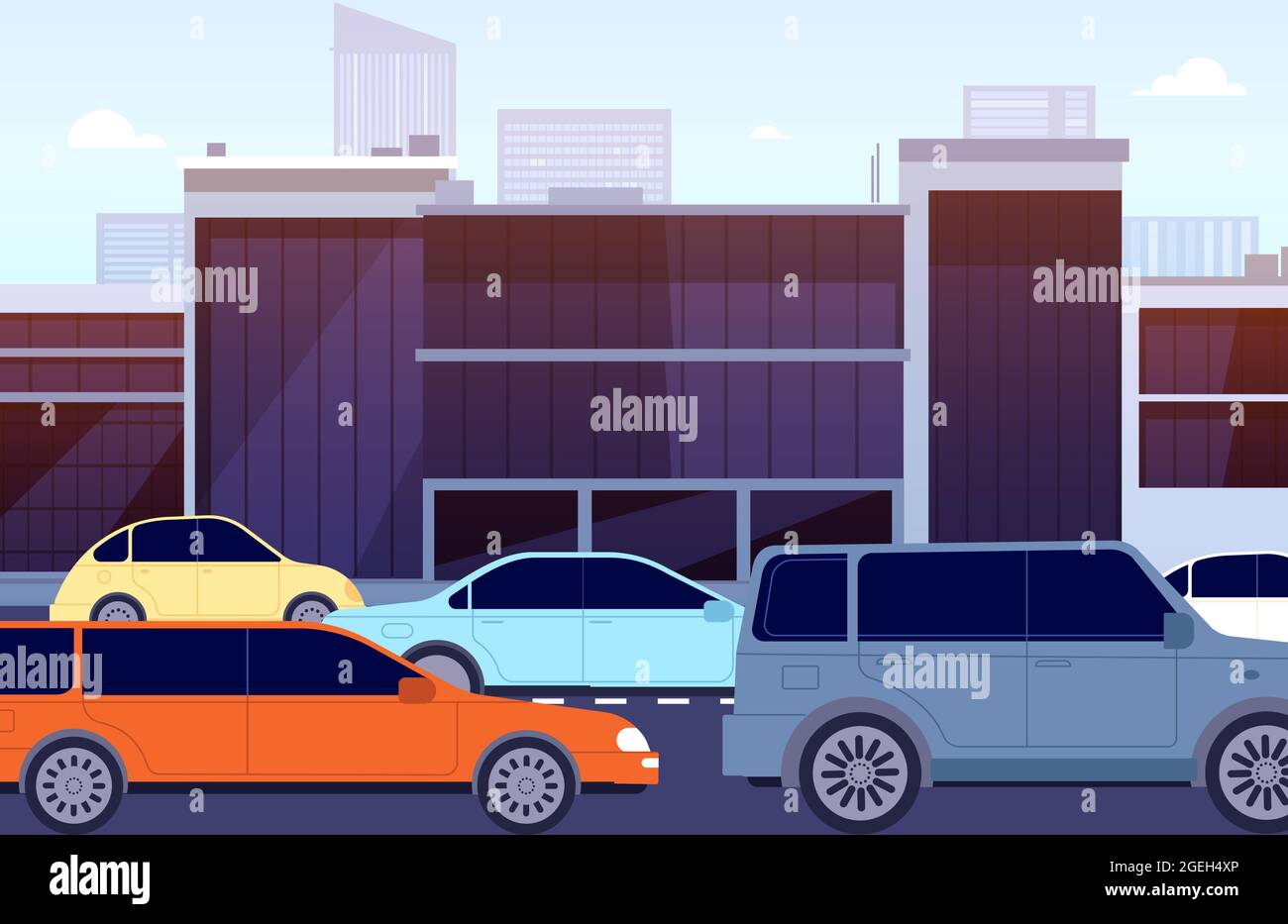 City road traffic jam. Cartoon cars street, morning downtown. Urban crossroad panoramic with autos, town building highway vector illustration Stock Vector