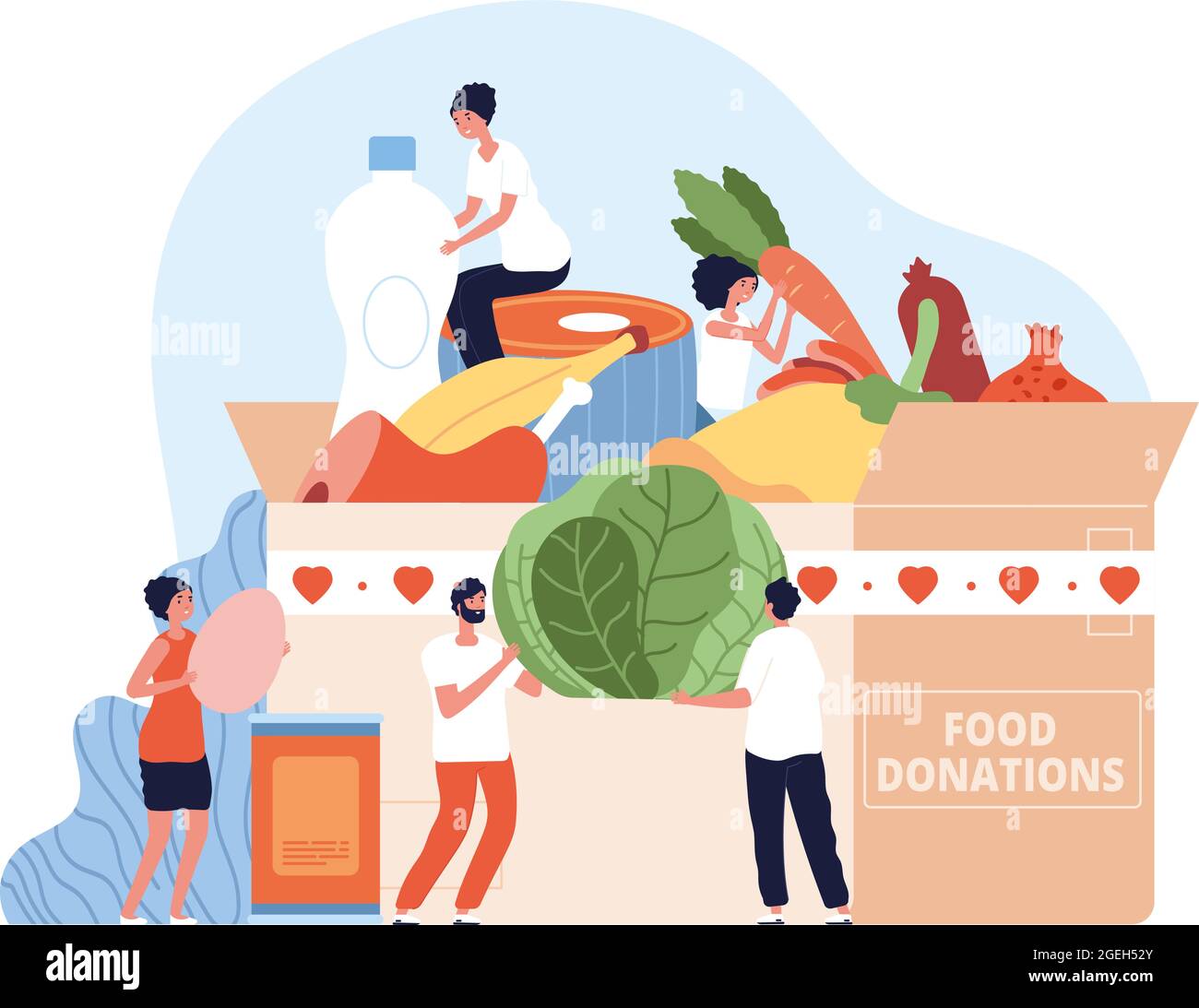 Foods donate. Holiday food drive donation, christmas charity. Volunteers collect cardboard box aid with cans and groceries vector concept Stock Vector