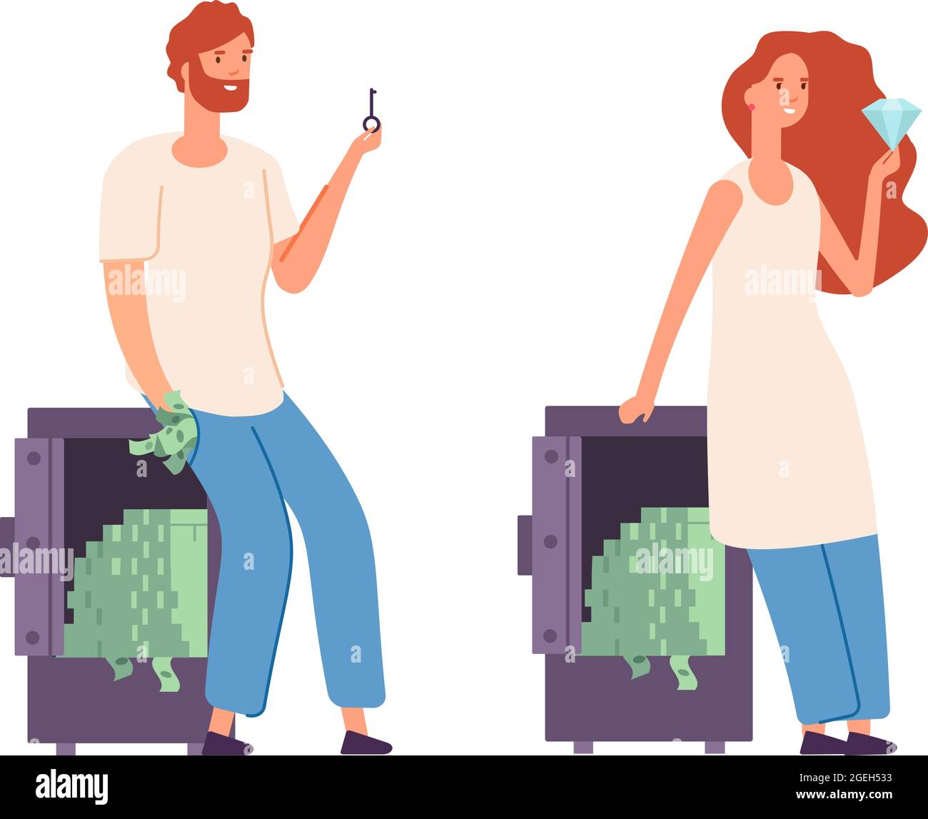 Rich characters. Wealth woman man with money. Cash in safe, people holding key and brilliant. Investment, successful business project vector Stock Vector