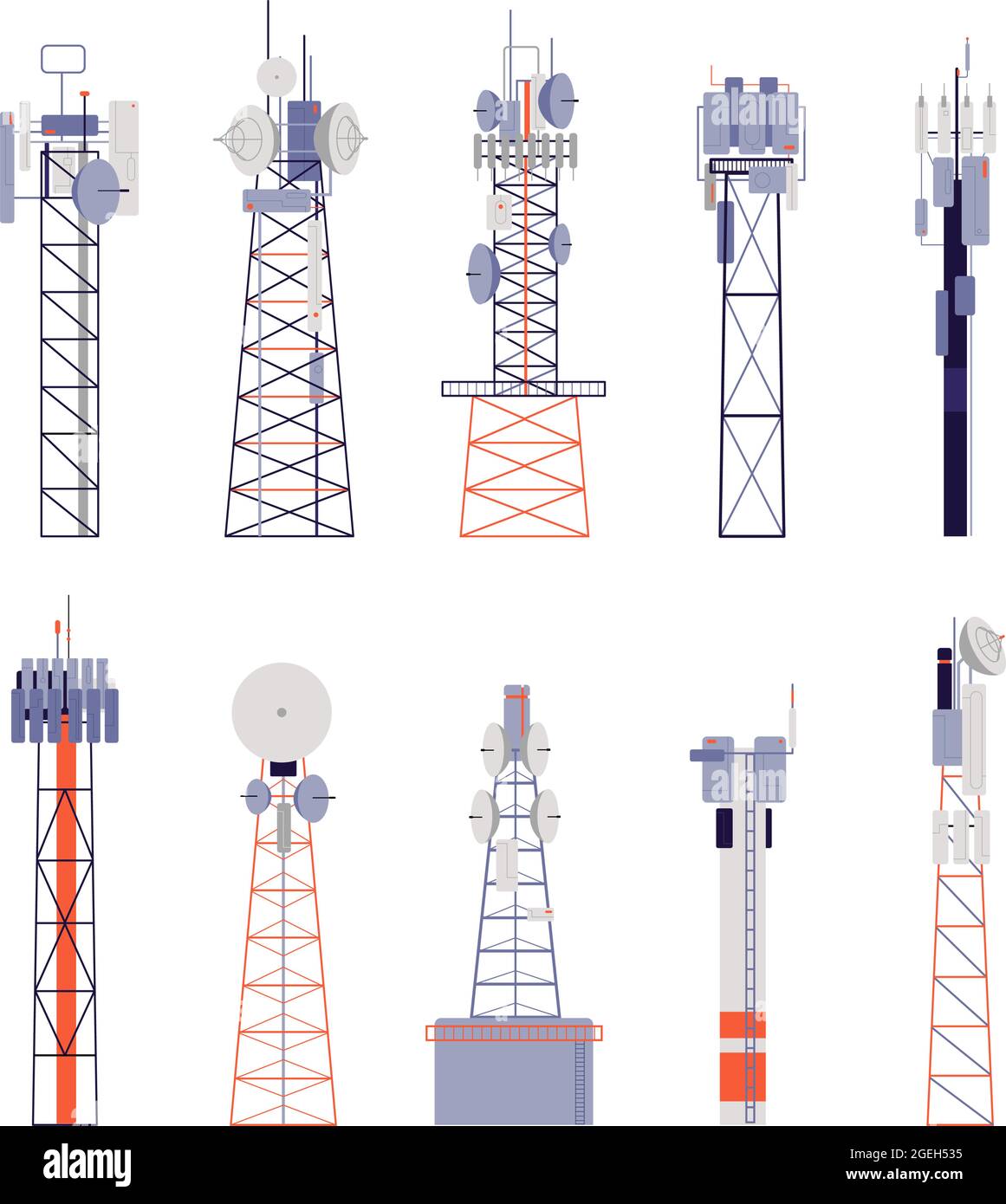 Wireless towers. Satellite communication, isolated radio aerial or cellular equipment. Antenna, telephone signal station vector illustration Stock Vector