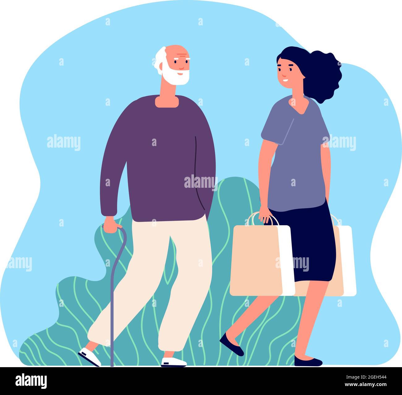 Volunteering. Social worker, elderly man character. Young woman and old man, female helping senior male with purchases vector illustration Stock Vector