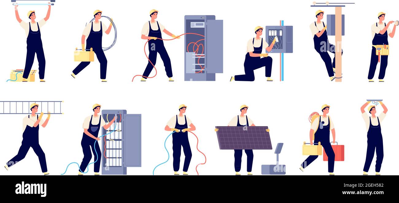 Electricity workers. Technicians services, professional man in uniform. Electrician repair safety, isolated maintenance engineer vector set Stock Vector