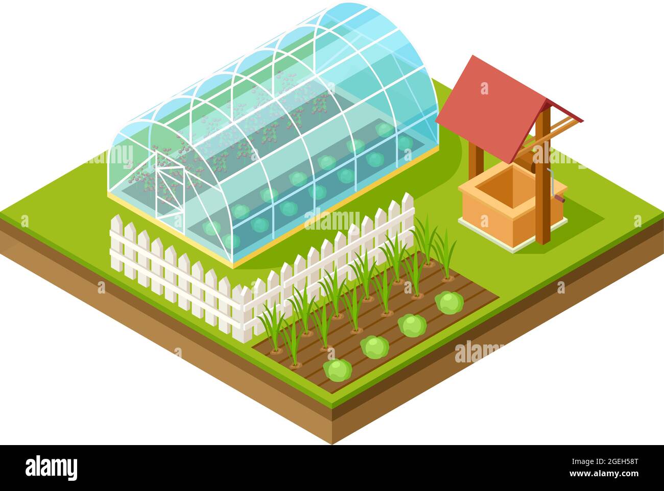 Isometric greenhouse. Gardening and planting, rural lifestyle. Landscape garden design project, 3d modelling vector illustration Stock Vector