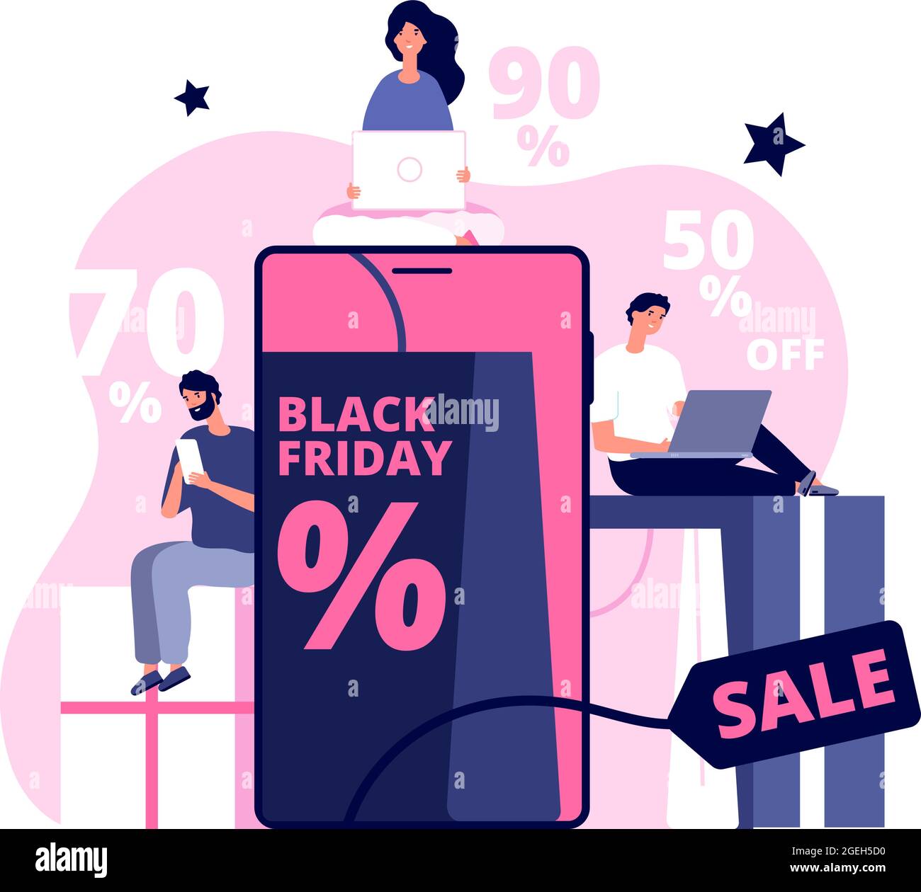 Black friday online. Shopping man girl, people buying on super discount. Ecommerce, shop in tablet and package delivery vector concept Stock Vector