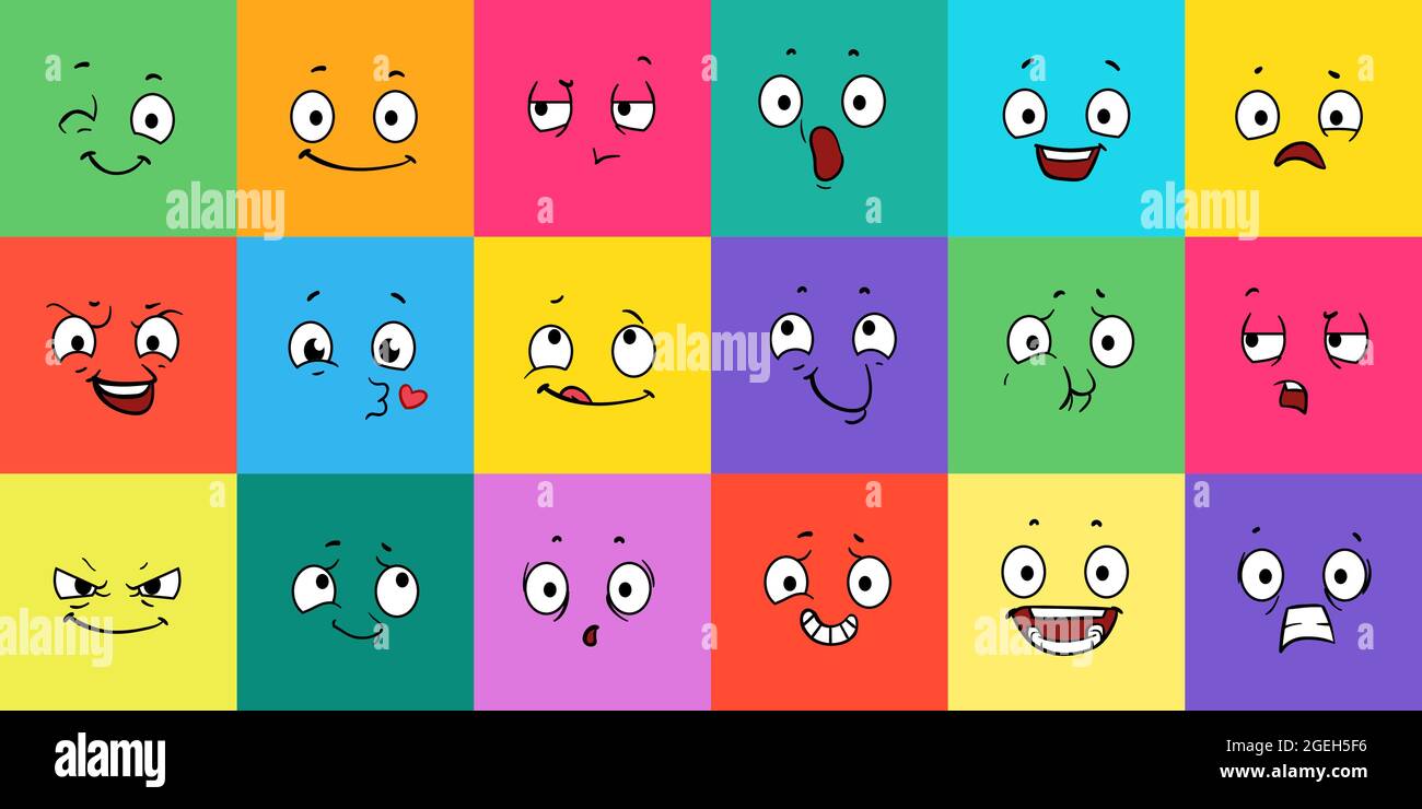 Cartoon expression faces. Comic emoji emotions, funny face. Winking, scary and laughing caricatures. Eyes and mouth, emoticons vector illustration Stock Vector