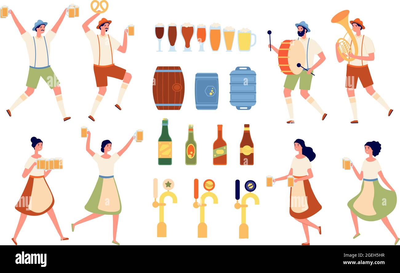 Brewery elements. Beverages bar, beer pub equipment. Isolated craft alcohol products and bottling. Oktoberfest people vector illustration Stock Vector
