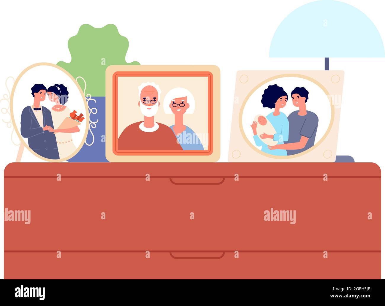 Family portraits in frames. Couple, children photo on desk, cute