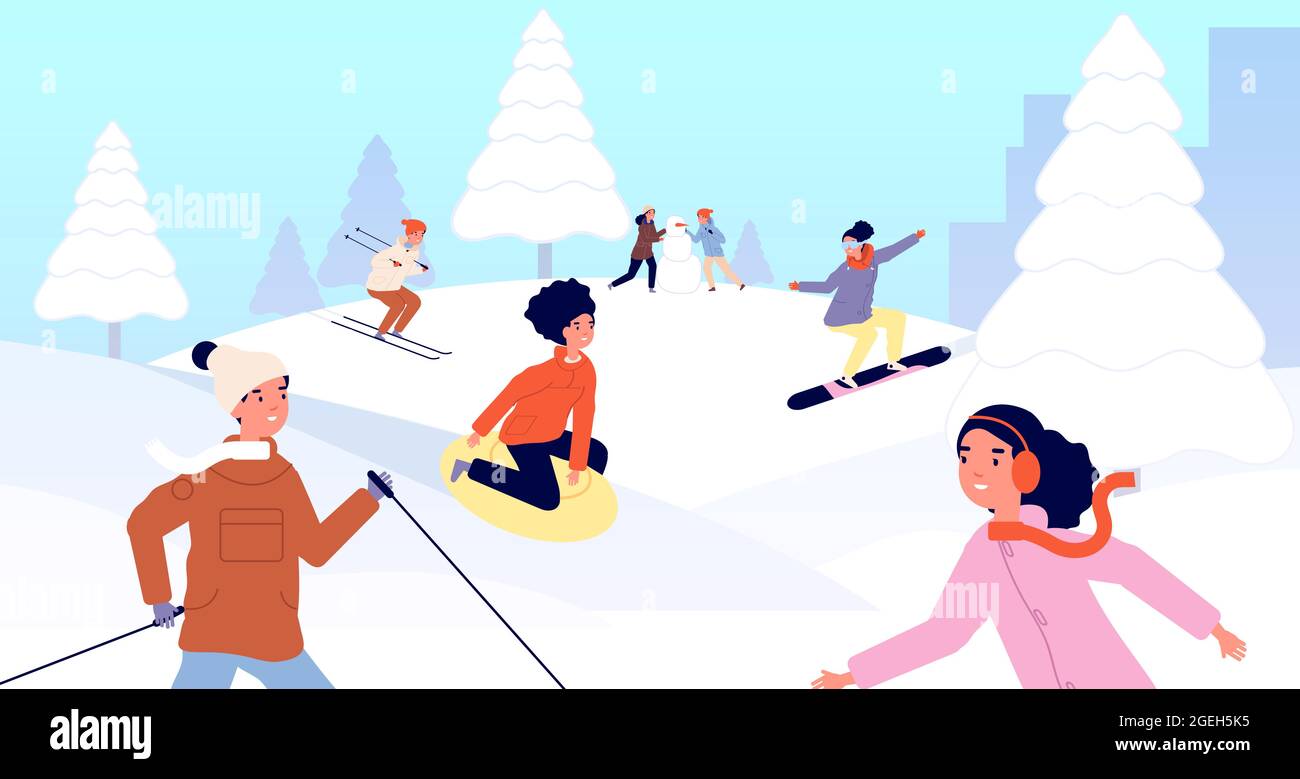 Winter kids vacations. Children sled, happy snow christmas holidays activity. Girl boy skiing snowboarding with friends vector illustration Stock Vector