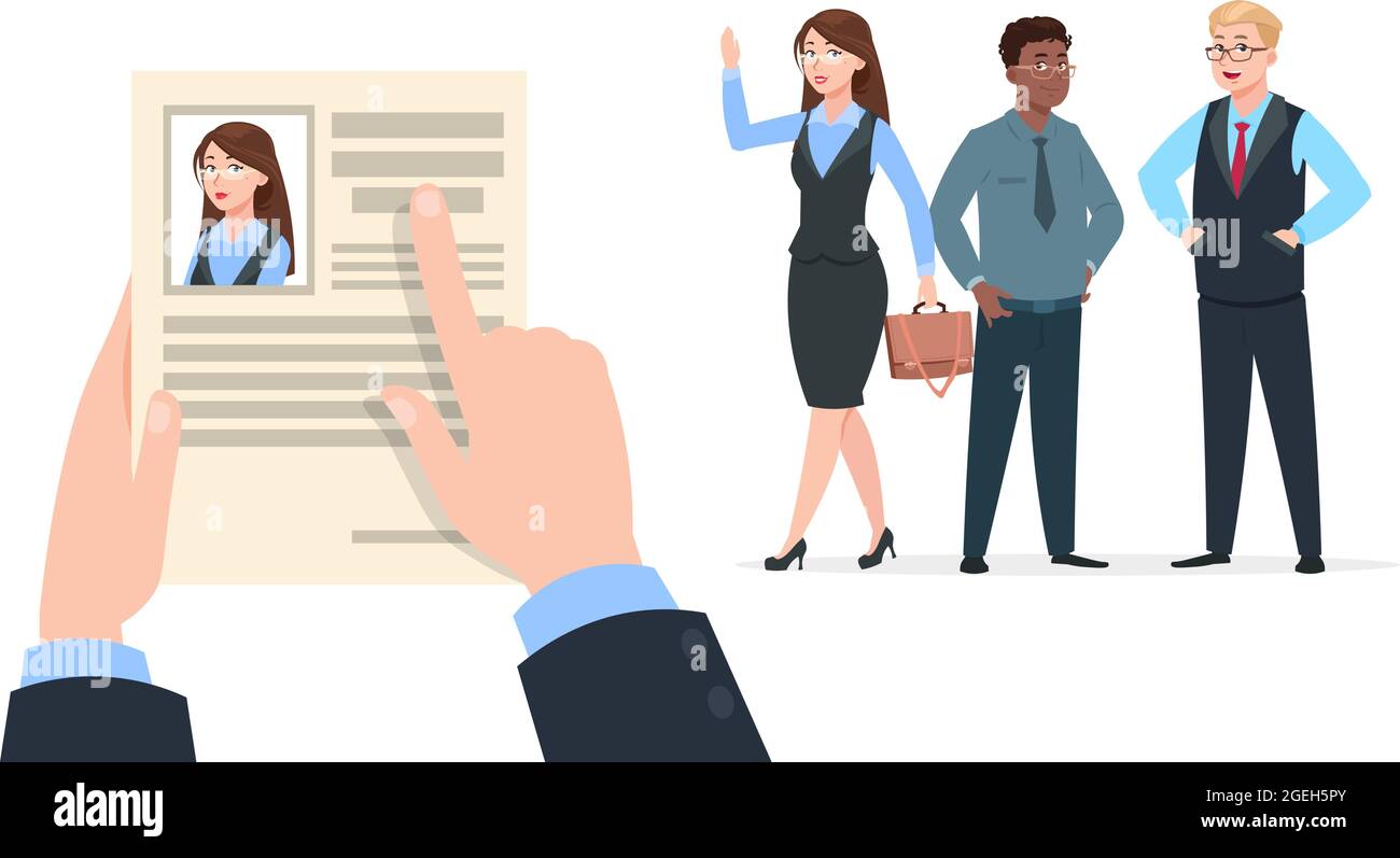 Office worker recruitment. Human resource hire employee, recruiter choices. Happy young woman has job, Hr manager choose female and not man. Stock Vector