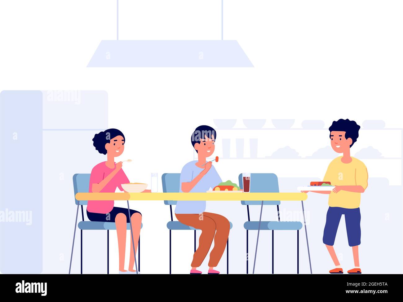 Children on lunch. School kids eating, cafeteria room table. Flat students in canteen meeting new friend, dining time vector illustration Stock Vector