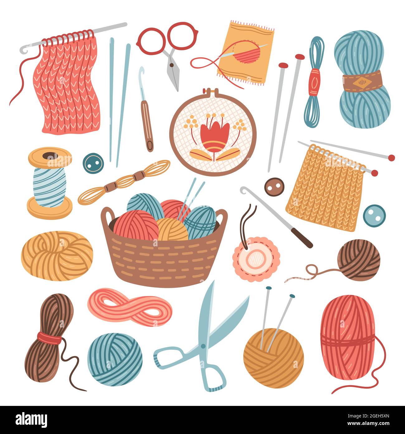 Crochet hook, knitting needles and threads - vector full color  illustration. Balls of yarn and knitting tools. Set for handmade, hand  knitting. Stock Vector