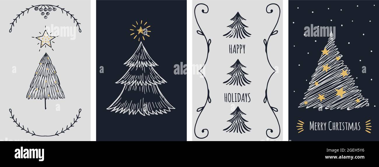 Christmas cards template. Doodle xmas tree and stars, holiday invitation banner. New year festive scandinavian minimalistic vector illustration Stock Vector