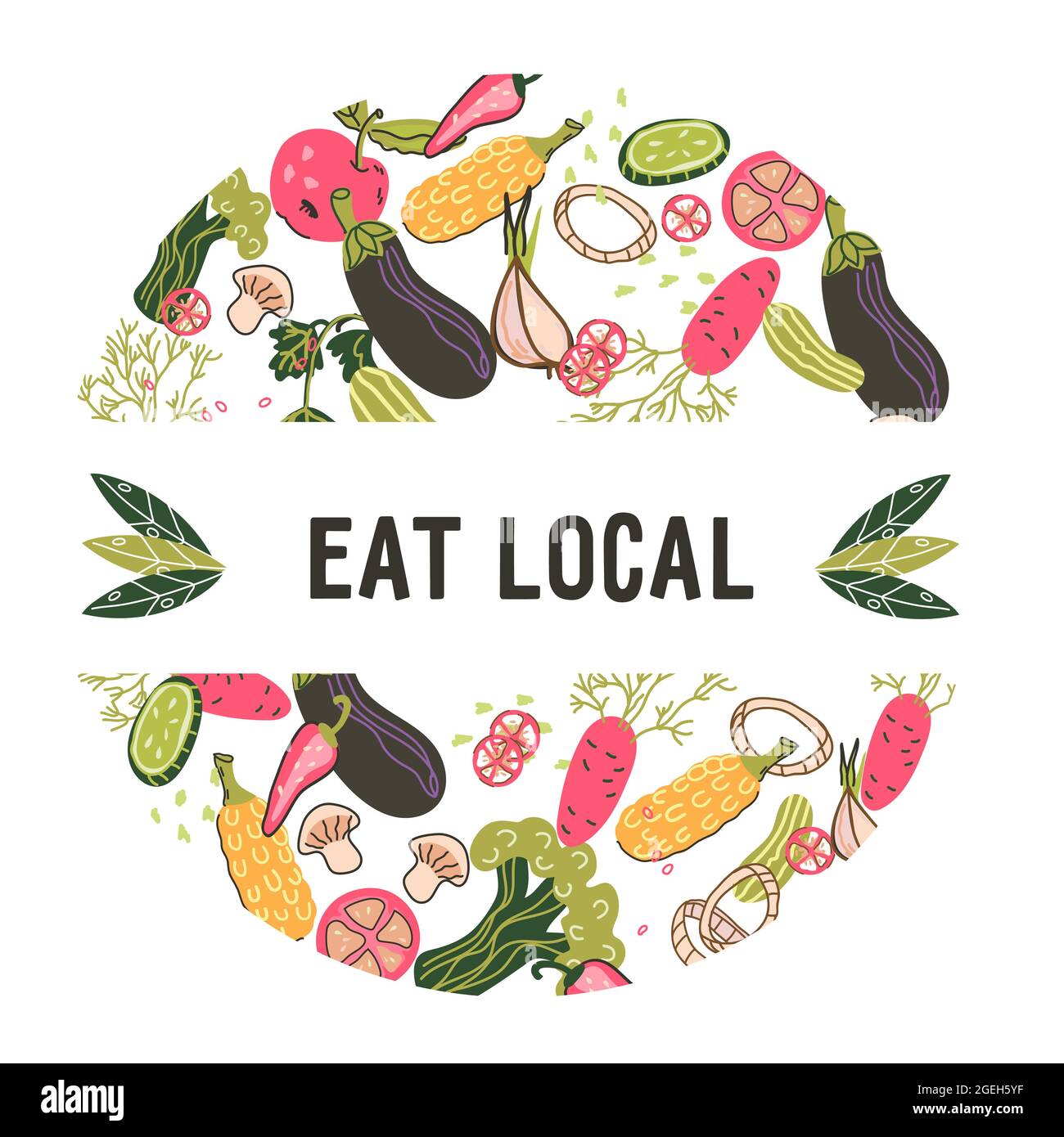 Eat local emblem or label with fresh vegetables, flat cartoon vector illustration isolated on white background. Food market logo element in circle fra Stock Vector