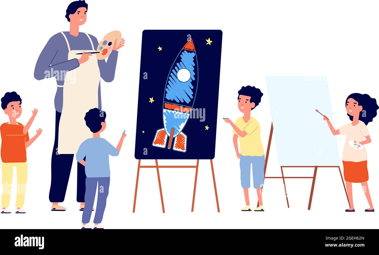 Children art studio. Kids drawing, painter teaching boy and girl paint. Kindergarten or school lesson vector illustration Stock Vector