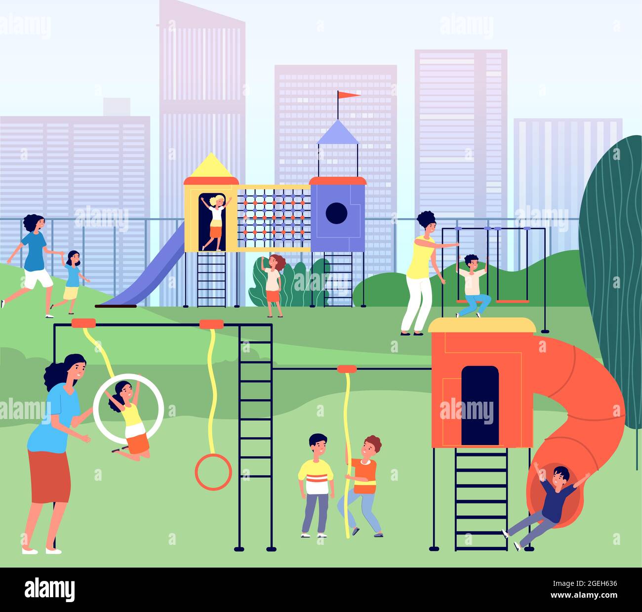 City playground. Kindergarten park, summertime baby with mother outdoor