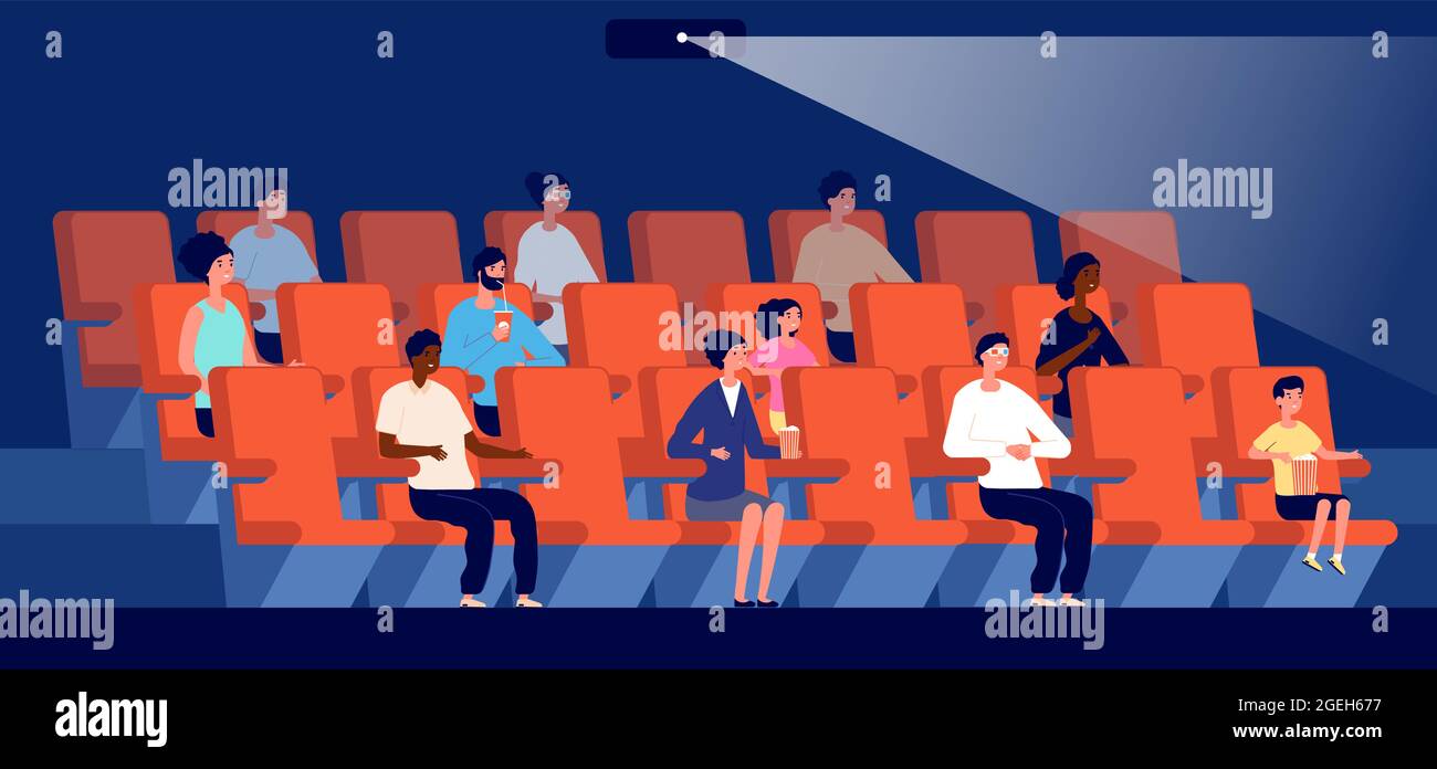 People in cinema. Movie theater, multicultural audience watch film