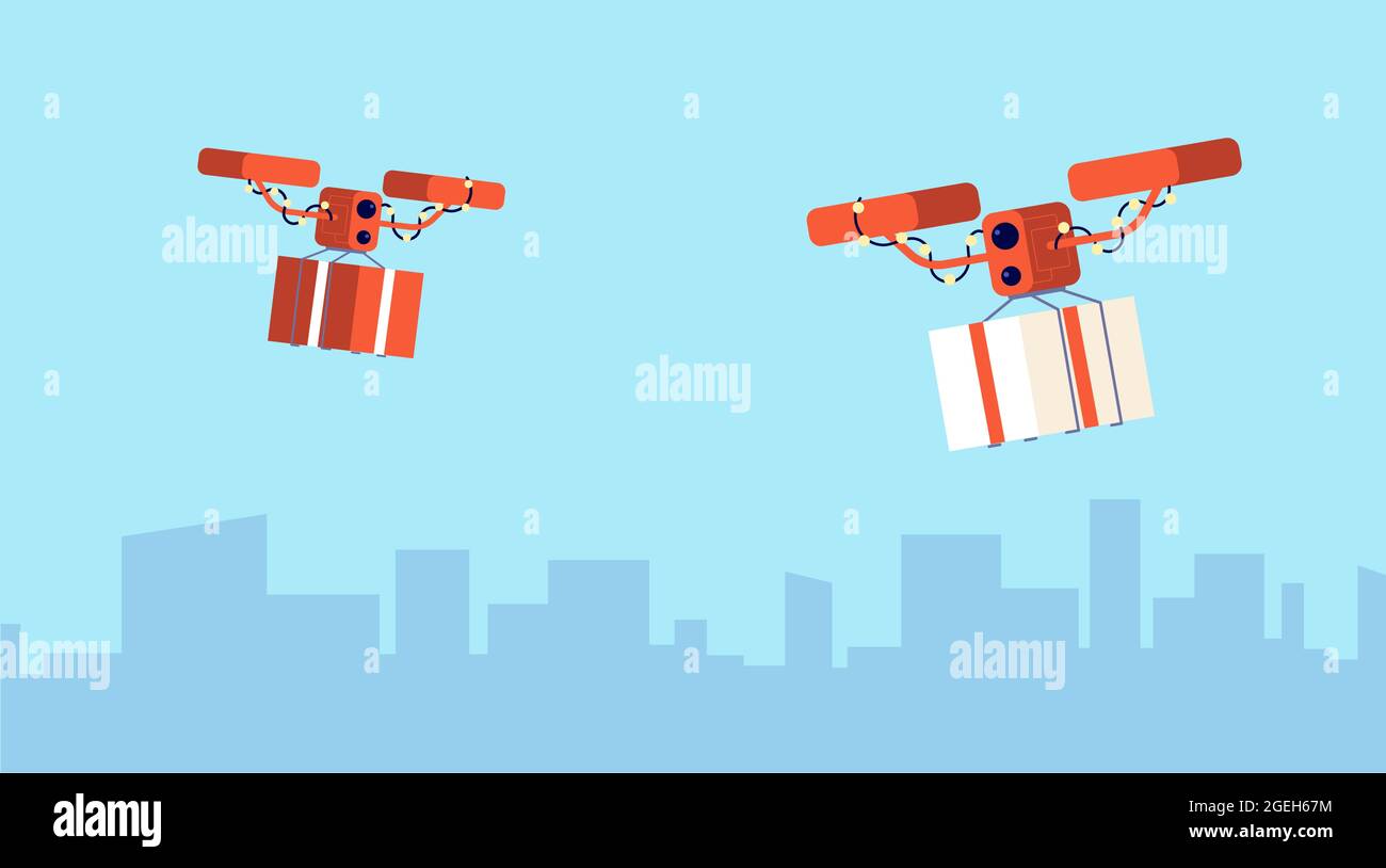 Presents drone delivery. Christmas gift, flying parcels. Digital logistic, modern contactless service purchase to home vector illustration Stock Vector