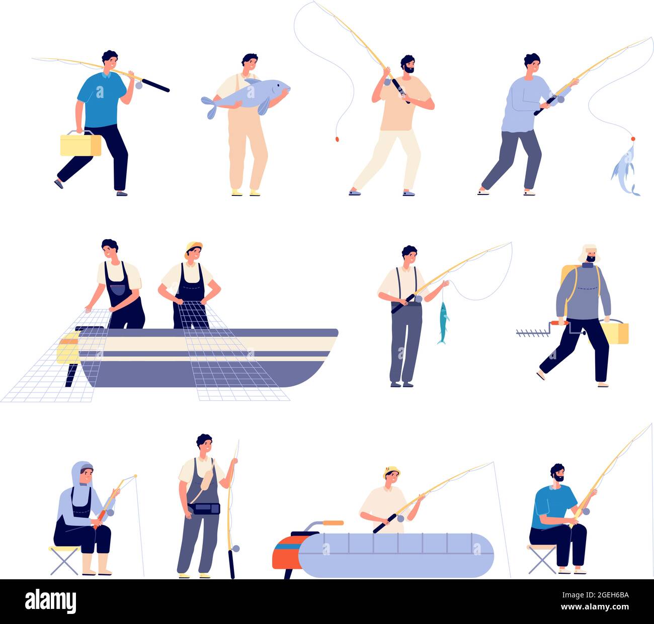 Fisherman characters. Rubber boat, fishing man with equipment. Seasonal activity, male holds fish. Commercial fishery vector illustration Stock Vector