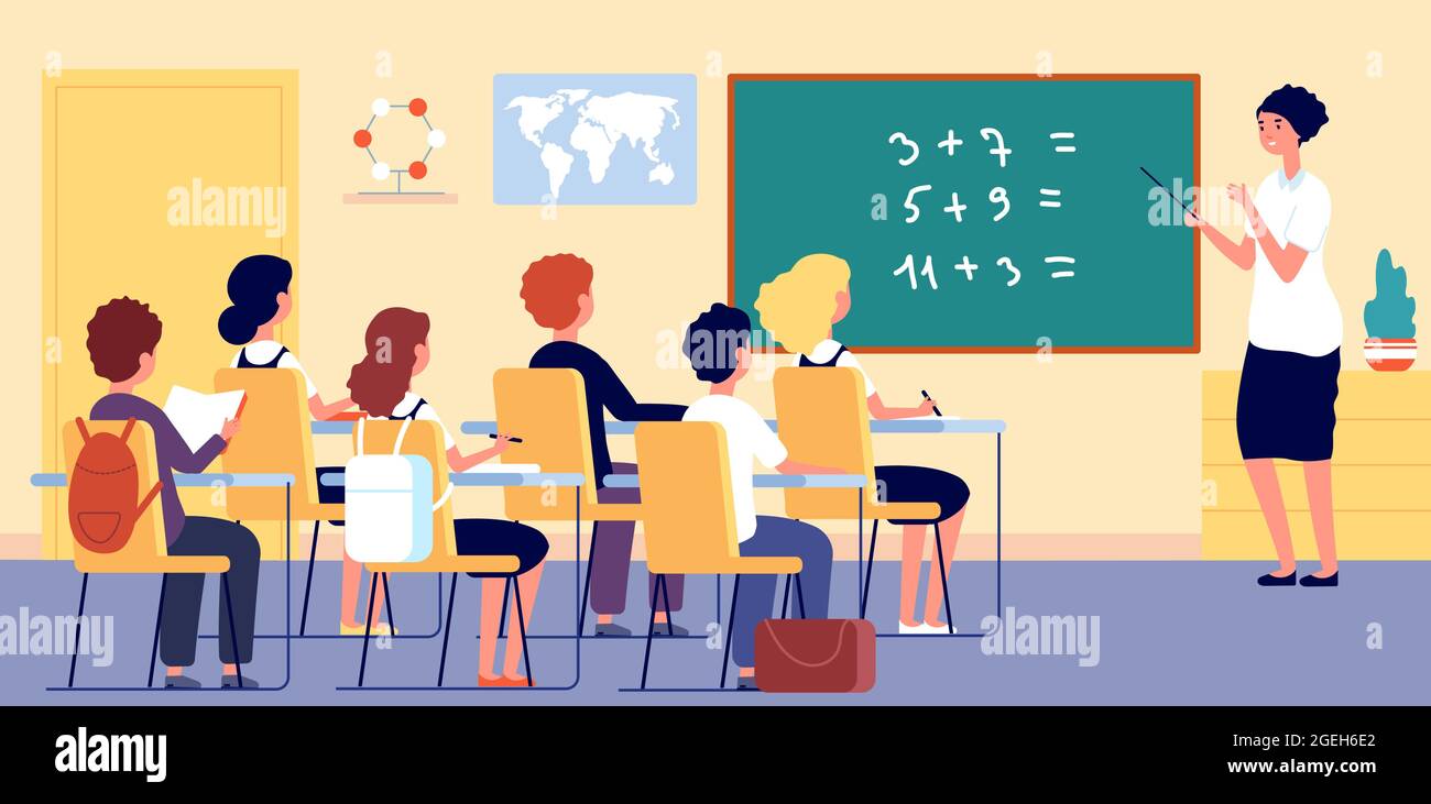 Children in classroom. School teacher, boy girl on lesson in room. Math teaching, science and environment education vector illustration Stock Vector