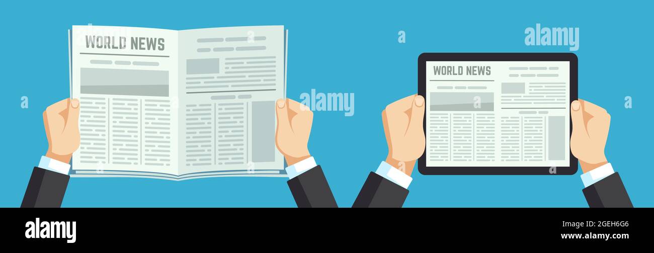 Hands holding newspaper. Paper news, info on tablet. Businessman reading morning post, digital