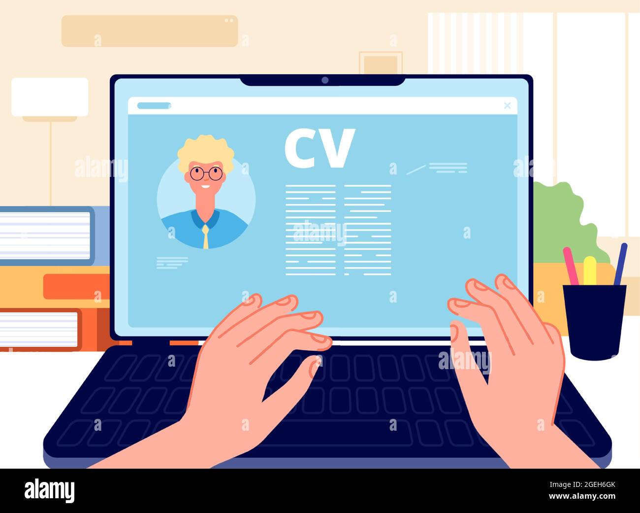 Online CV. Young man writing job application on laptop. HR concept, searching job in internet. Career start, hands working on computer vector Stock Vector