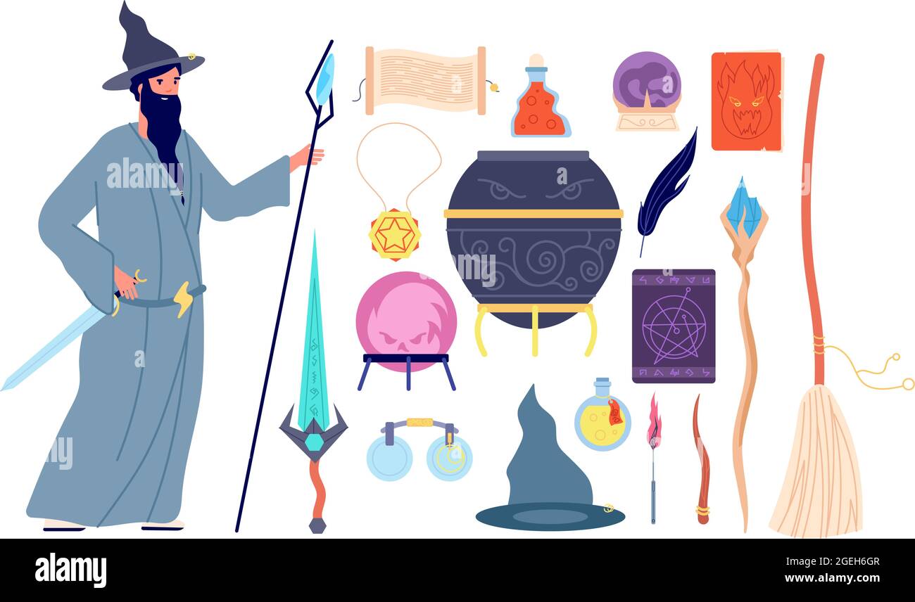 Magic tools. Magical alchemy book, wizard character, crystal witch broom potion bottle. Male mystery person, magician vector illustration Stock Vector