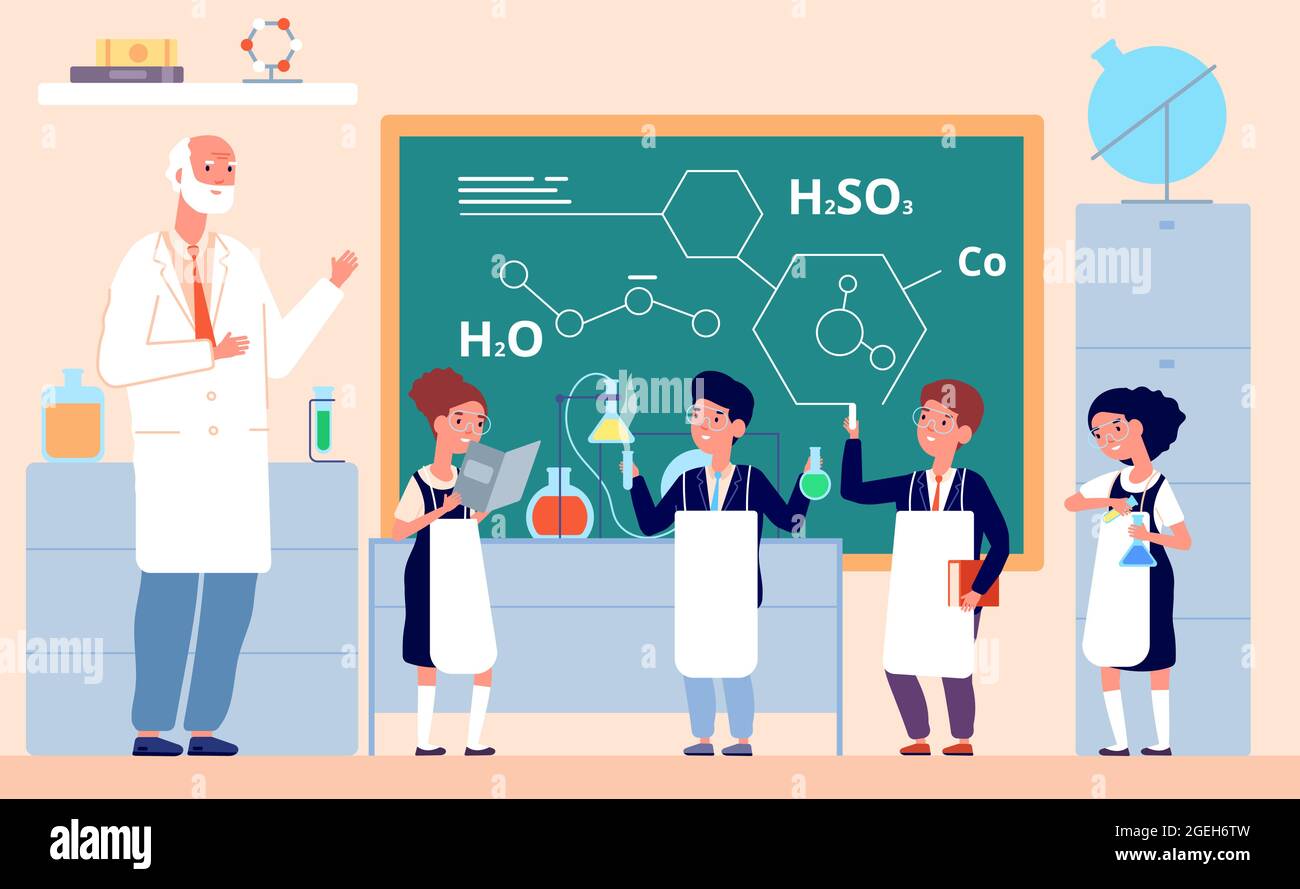 Kids chemistry lab. School science laboratory, children in class  chalkboard. Scientific experiment, cartoon smart girl vector illustration  Stock Vector Image & Art - Alamy