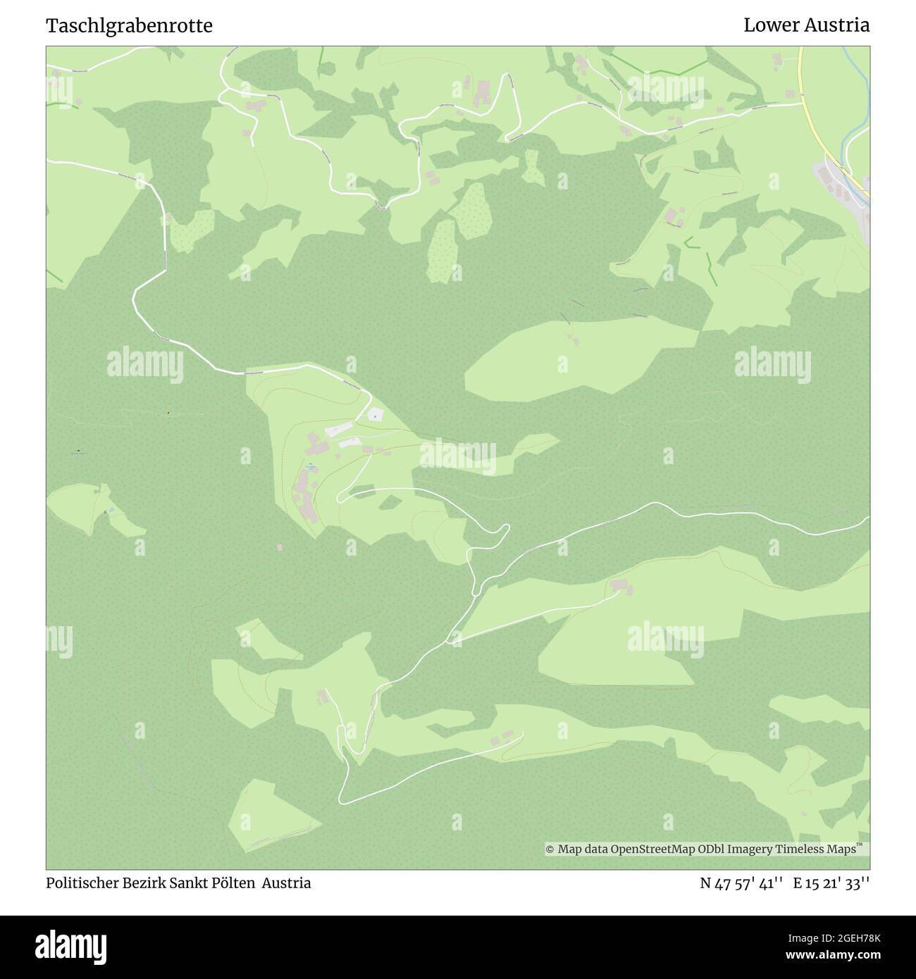 Taschlgrabenrotte, Politischer Bezirk Sankt Pölten, Austria, Lower Austria, N 47 57' 41'', E 15 21' 33'', map, Timeless Map published in 2021. Travelers, explorers and adventurers like Florence Nightingale, David Livingstone, Ernest Shackleton, Lewis and Clark and Sherlock Holmes relied on maps to plan travels to the world's most remote corners, Timeless Maps is mapping most locations on the globe, showing the achievement of great dreams Stock Photo