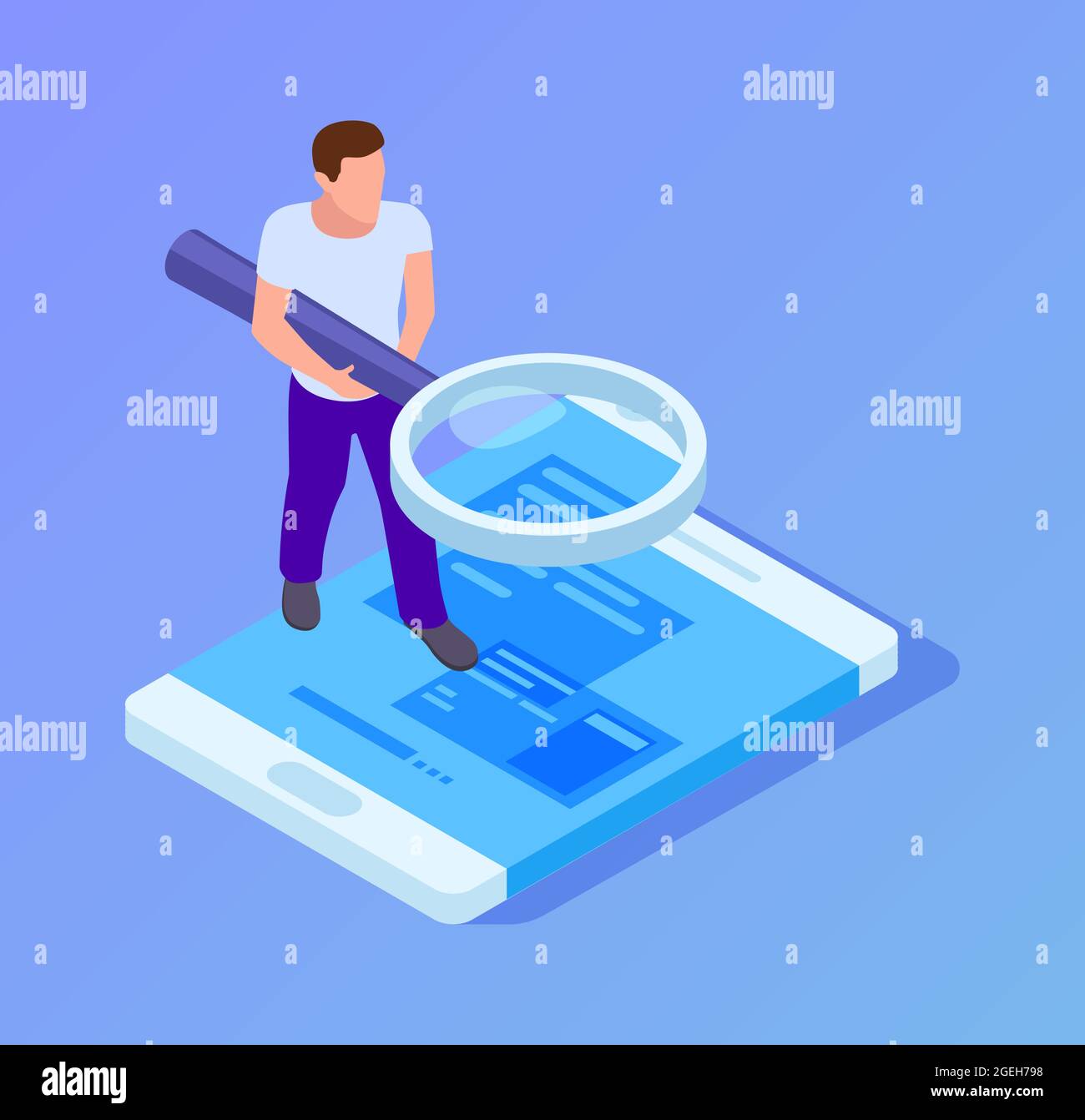 App tester. Isometric man testing mobile app. Man with magnifying glass ...