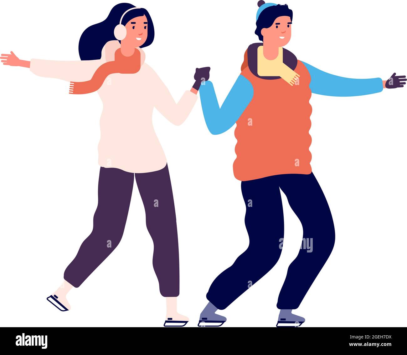 Couple skating. People on ice, winter outdoor activities. Happy sport man woman, active holiday dating vector illustration Stock Vector