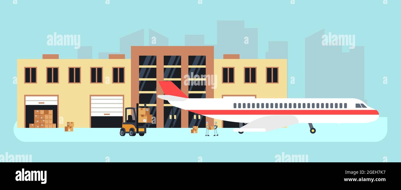 Delivery by plane. Cargo aircraft, loading for transportation. Stock or airport warehouse, air logistic vector illustration Stock Vector